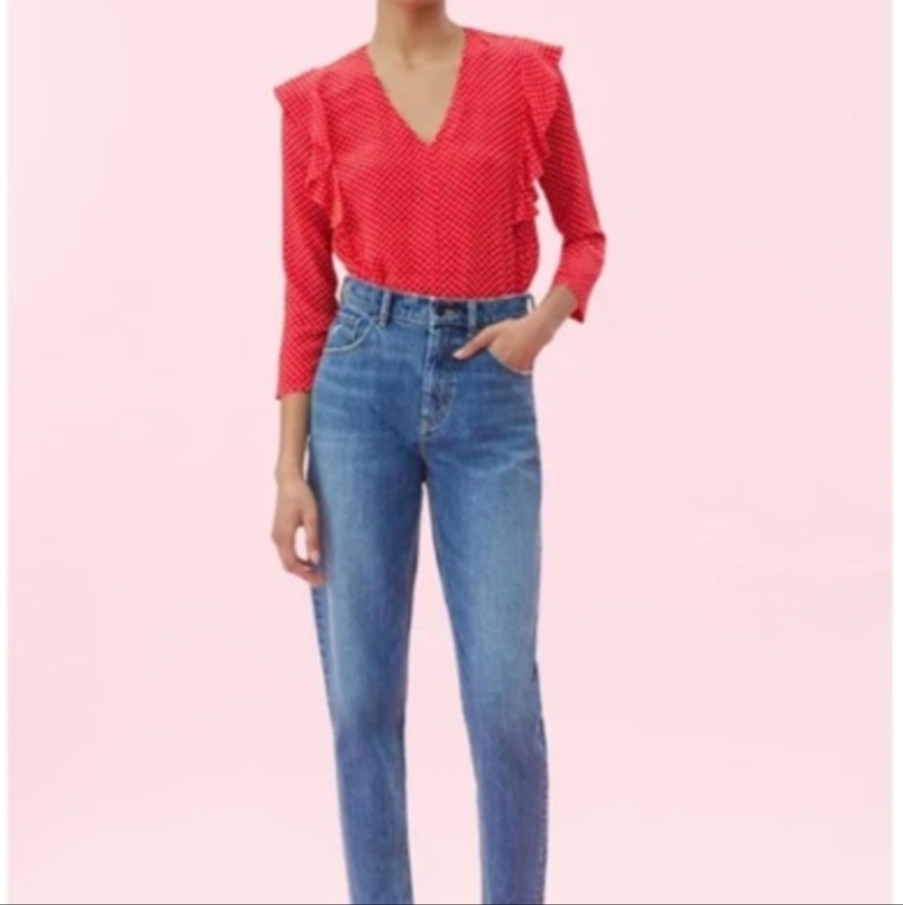 Rebecca Taylor Red Polka Dot Ruffle 100% Silk Blouse